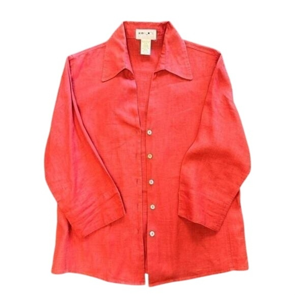 David‎ N Coral Pink 100% Linen 3/4 Sleeve Button Down Shirt Medium